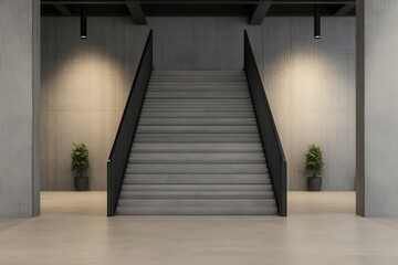 Obraz premium Industrial style with rustic touches in an open space. Modern concrete staircase with minimalist design and soft lighting.