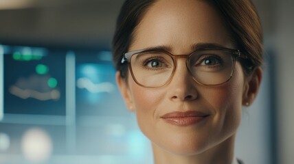 A confident woman with glasses smiles while standing in front of a high-tech screen displaying medical data and graphics.