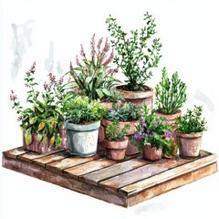 Fototapeta premium Lush Green Plants in Various Pots Arranged on a Wooden Pallet for Home Decor Inspiration
