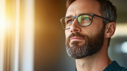 A thoughtful man with glasses gazes into the distance, illuminated by natural light, exuding a sense of contemplation and insight.