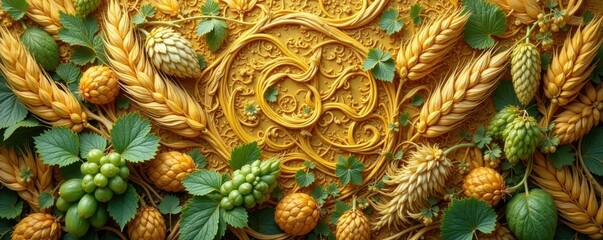 Fototapeta premium Intricate wheat patterns interweave with delicate hop vines, showcasing ornate craftsmanship , wheat, botanical, nature