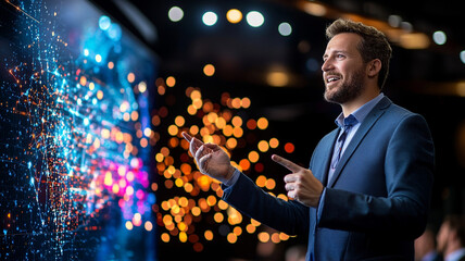 Charismatic Speaker Presenting Data Driven Insights At Conference