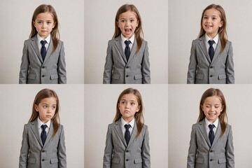 collage of six photos features a young girl in a gray suit and tie, with a playful expression and a white background, showcasing her personality and personality traits