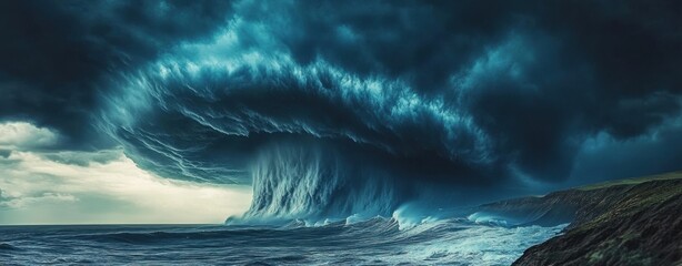 Massive swirling wave surges towards the rocky coastline under a dark stormy sky at sunset