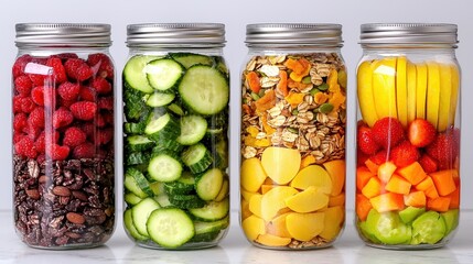 Vibrant mason jar salads bright kitchen food photography healthy ingredients overhead view freshness concept