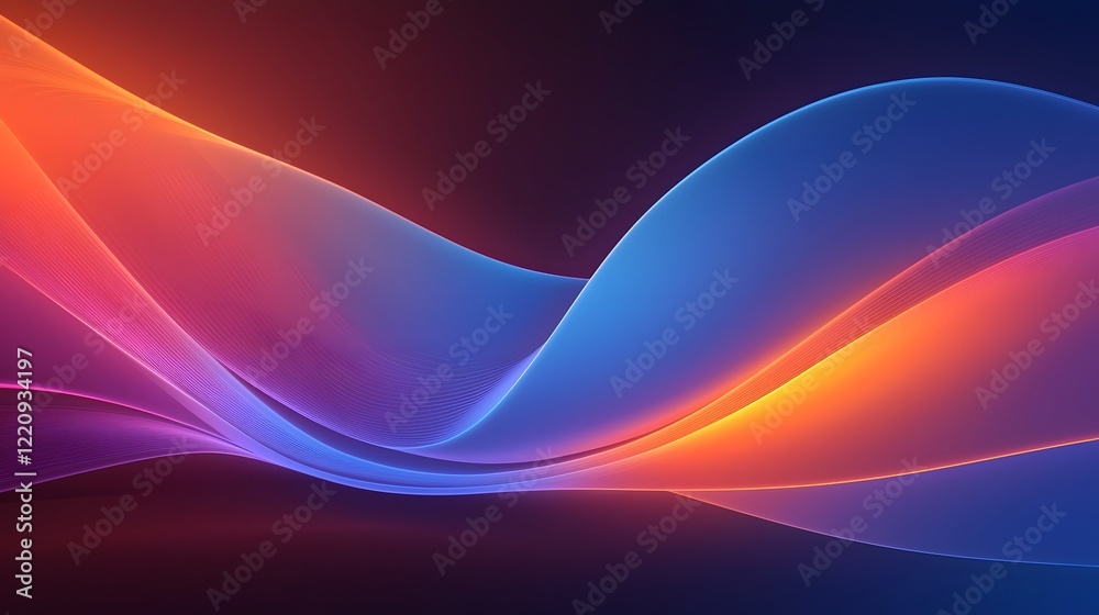 Poster A captivating 3D render showcasing a dynamic and ethereal abstract background with smooth glowing neon curves and lines gracefully flowing across a dark colorful canvas creating a futuristic