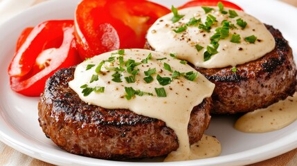 Grilled beef patties with cream sauce and fresh tomatoes kitchen food photography culinary scene close-up gourmet cooking