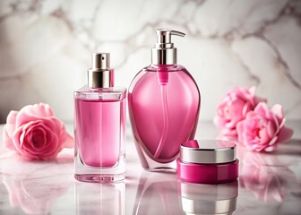 Pink Perfume Bottle & Lotion on Marble, Elegant Feminine Fragrance Still Life