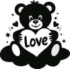 A silhouette of a cute teddy bear holding with a large heart with the word 'Love' Valentine's Day-themed vector design, teddy bear with heart