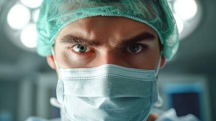 Intense focus of a surgeon preparing for a complex operation in a modern operating room during a busy hospital shift