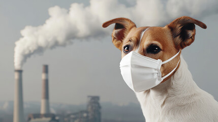 A dog wearing a mask stands against a backdrop of smokestacks, highlighting environmental pollution and its effects on pets and health.