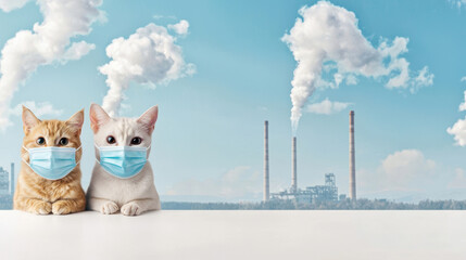 Two cats wear masks, sitting in front of a factory emitting smoke, highlighting environmental concerns and the impact on animals.