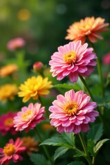 Obraz premium Garden flower blooms with green summer foliage, foliage, mums