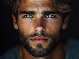 Fototapeta premium Young man with striking blue eyes and tousled hair poses against dark background, conveying an intense yet calm expression
