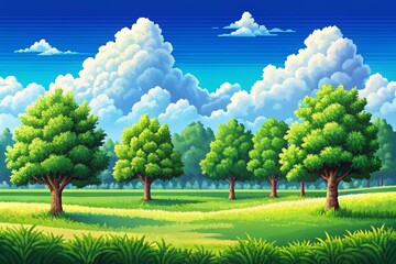 Pixel Art Landscape: Lush Green Grass, Blue Sky, Fluffy Clouds - 8-bit Video Game Scene