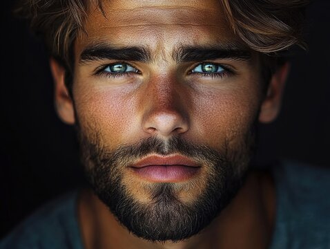 Young man with striking blue eyes and tousled hair poses against dark background, conveying an intense yet calm expression