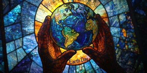 Fototapeta premium Stained glass-style artwork showing hands holding the Earth with 