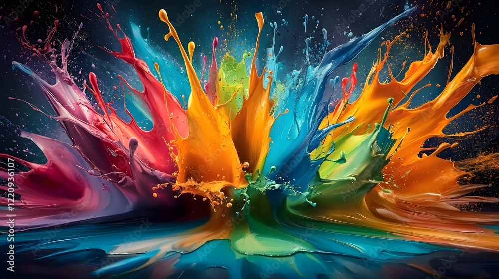 Poster Vivid dynamic and visually captivating abstract wallpaper background showcasing an explosion of colorful paint splashes in a contemporary and composition