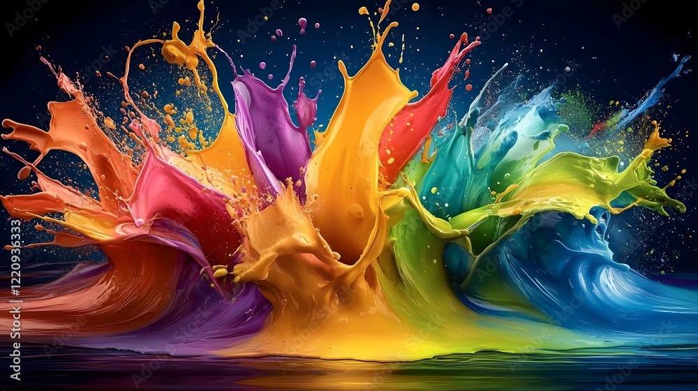 Poster Vibrant and Dynamic Splashes of Colorful Paint Blending Seamlessly to Create a Lively and Energetic Visual Composition Perfect for Modern Design Aesthetics and Digital Artwork