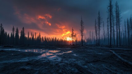 Sunset over burnt forest nature landscape photography smoky environment dramatic viewpoint climate change concept