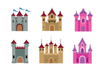 Medieval castle tower vector set, castle clip art, fairytail fortress castles, old medieval building architecture clip art image, clip art castle