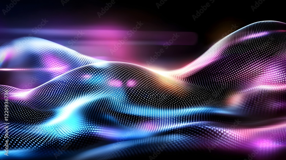Poster Radiant Fluid Composition with Vibrant Chromatic Waves of Light   Dynamic abstract background with mesmerizing undulating patterns and radiant hues of purple blue and pink creating an immersive