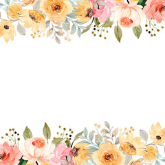 Watercolor flowers background for design. Floral border frame card template.