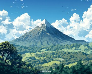 A beautiful view of the mountain in Oatroom, on which you can see an Indonesian volcano covered...