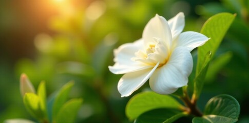 Obraz premium Gardenia flower with delicate white petals unfolding, garden, sunlit background