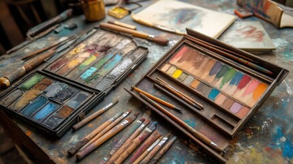 Fototapeta premium Artistic painting tools displayed on a colorful table in a creative studio environment