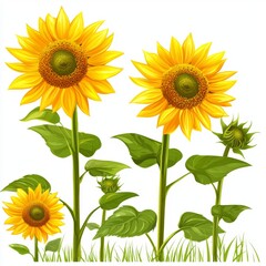 Obraz premium Bright and Vibrant Sunflowers with Green Leaves Against a Light Background