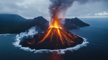 Erupting volcano ocean island aerial photography dramatic landscape nature's fury