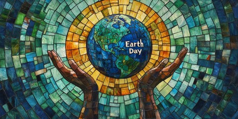 Stained glass-style artwork showing hands holding the Earth with "Earth Day." Great for environmental and awareness campaigns.