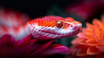 Fototapeta premium Corn Snake in a Garden: A vibrant orange and red corn snake coiled gracefully in a garden. Reptile. Wildlife. Snakes.