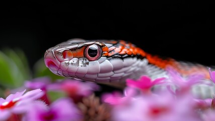 Corn Snake in a Garden: A vibrant orange and red corn snake coiled gracefully in a garden. Reptile. Wildlife. Snakes.