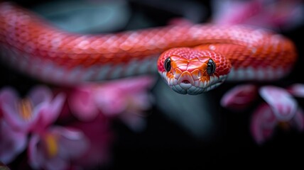 Obraz premium Corn Snake in a Garden: A vibrant orange and red corn snake coiled gracefully in a garden. Reptile. Wildlife. Snakes.