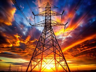 Powerful Electricity Transmission: High Voltage Pylon at Sunset