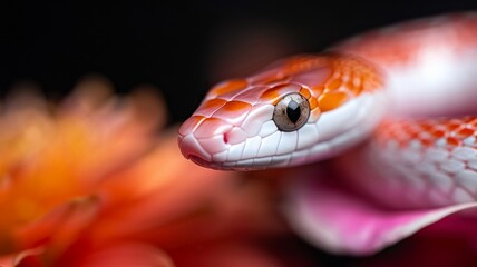 Obraz premium Corn Snake in a Garden: A vibrant orange and red corn snake coiled gracefully in a garden. Reptile. Wildlife. Snakes.