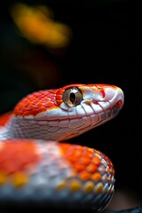 Fototapeta premium Corn Snake in a Garden: A vibrant orange and red corn snake coiled gracefully in a garden. Reptile. Wildlife. Snakes.