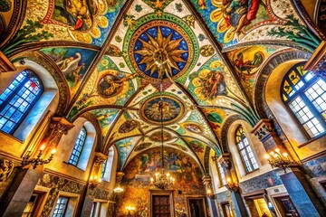 Fototapeta premium Prague Old Town Hall, Stunning Indoor Mosaic Ceiling, Architectural Detail, Czech Republic
