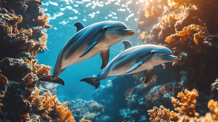 Fototapeta premium Dolphins Dancing in Sunlight: Two playful dolphins gracefully navigate the vibrant coral reef, their sleek bodies illuminated by a beam of sunlight piercing the azure waters.
