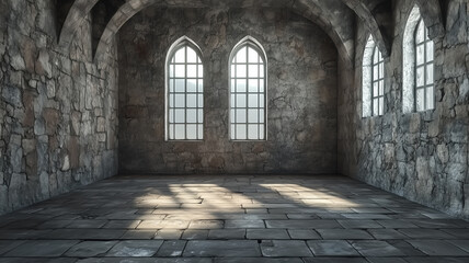 Obraz premium Ancient Stone Room with Gothic Windows and Sunlight
