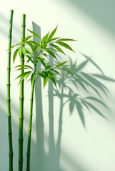 Obraz premium Graceful Bamboo Shadows: Sunlit Wall with Swaying Bamboo in a Fresh Natural Style