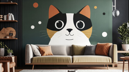 Calico Cat Wall Mural: A charming calico cat mural adds a touch of playful elegance to a modern living room, creating a cozy and inviting atmosphere.