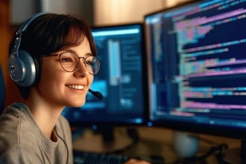 Young woman smiling while coding at her computer with headphones on