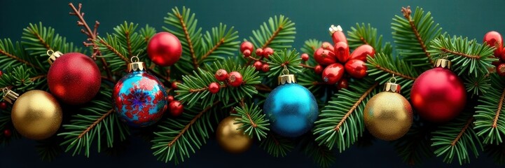 Garland of pine branches adorned with colorful glass ornaments, holly, pine, holiday