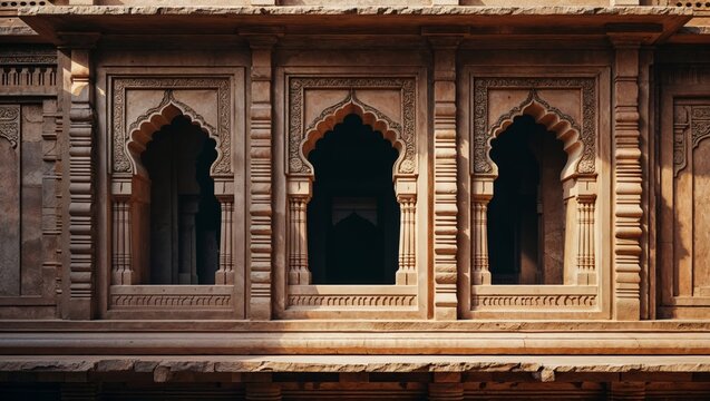 Ornate Stone Building Facade with Arched Windows Detailed Carvings Indian Style