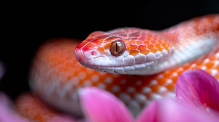 Obraz premium Corn Snake in a Garden: A vibrant orange and red corn snake coiled gracefully in a garden. Reptile. Wildlife. Snakes.