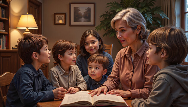 World Storytelling  day: Woman reading and engaging with children around a table
