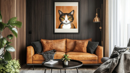 Cozy Cat Art: A framed, stylized portrait of a cat with piercing green eyes adorns a living room, nestled above a plush, brown leather couch and accented with warm, wood paneling.